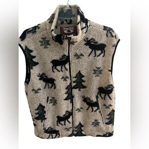 True Grit Vintage Mens Fleece Sherpa Deer N Trees Pattern Full Zip‎ Vest Small